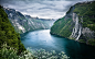 General 2880x1800 Geiranger Norway fjord waterfall cliff clouds wildflowers foliage sea nature landscape