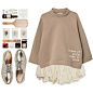 A fashion look from August 2017 featuring long sleeve cotton tops, cream skirt and leather wedge shoes. Browse and shop related looks.