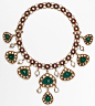 Amrapali yellow gold and silver ruby and diamond necklace with Zambian emerald and white diamond drop detail.