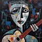 old guitarist painting, abstract style, picasso style , graffiti style, street art style, art brut style