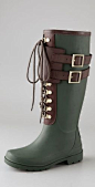 Tory Burch Buckle Rain Boots: Umm; I do believe the horses would think me scary if I went to the barn in these!