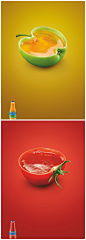 表达明确的果汁饮料广告创意，作者用水果的剖面做成碗状盛装果汁，让人有种想一饮而尽的感觉。