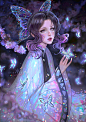 动漫1025x1450阿比盖尔·迪亚兹（Abigail Diaz）绘画Kimetsu no Yaiba妇女Kochou Shinobu波浪形的头发魔术咒语闪光裙子蝴蝶