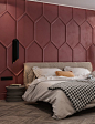 OM Architecture have designed an apartment in Kiev, Ukraine, that features a bold deep red accent wall in the bedroom. Moldings were used to create the pattern, while a single color helps to create a dramatic feature wall. #AccentWall #FeatureWall #Patter