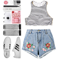 A fashion look from June 2017 featuring blue jean short shorts, bottom bikini and adidas. Browse and shop related looks.