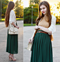 Oasap Beige Lace Top, Romwe Cream Lace Cardigan, Chicwish Darkgreen Maxi Pleated Skirt, Banggood Beige Bag, Asos Nude Leather Pumps, Brown Belt, Romwe Gold Chain Bracelet