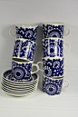 Rare 60's ARABIA Wartsila 100 FINLAND Cobalt 7 Cups & 7 Saucers