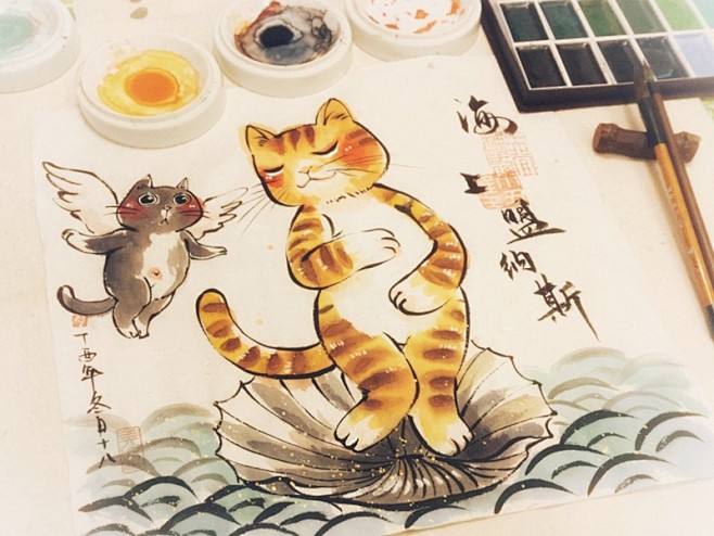 宣纸猫咪手绘插画图片