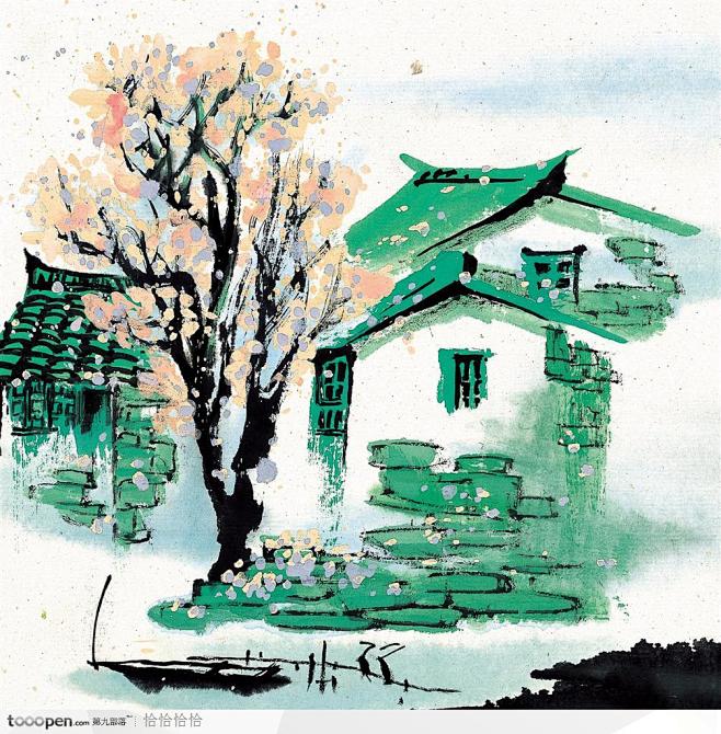中国国画春景-绿房子与树