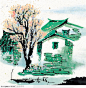 中国国画春景-绿房子与树