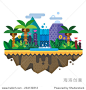 Uninhabited island, jungle. Tropical landscape with a waterfall and palm trees. Vector flat illustration