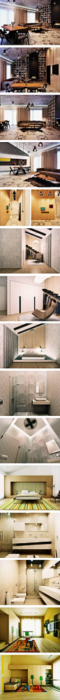 #我爱我家# Edo Design Studio带来的阁楼公寓，整面的书架从地板直通天花，深色调的空间让人大感工业风的魅力，三间卧室三种风格！ http://t.cn/8FSO8kK