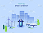 可再生绿色能源概念与3D电池充电太阳能电池板和风车在蓝色建筑的背景。