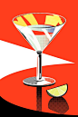 其中可能包括：a painting of a martini glass with a slice of lemon next to it on a red and white background