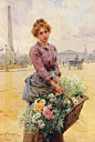 《卖花姑娘》 Louis Marie De Schryver,1898.施莱佛喜欢以巴黎社会的日常生活为题进行创作。他的作品不仅画技精巧，而且画面情趣自然，十分引人瞩目。他画的卖花女、富人乘坐的马车以及手中装满的花篮，都被他饱蘸亮丽色彩的画笔描绘得栩栩如生～