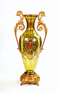 玻璃花瓶 法式家居饰品摆件奢华纯铜双耳花插亮黄色