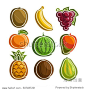 Vector Set colorful Fruits icons: kiwi, banana, grape, mandarin, watermelon, mango, pineapple, coconut, papaya; collection set of abstract simple fruit logo or icon, isolated on white background.