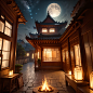 ((Best quality)), ((Masterpiece)), ((Realistic)), ((Best quality)), ((Masterpiece)), ((Realistic)), ancient buildings，large moon，Moon cake，fire works，Chinese Mid-Autumn Festival elements,