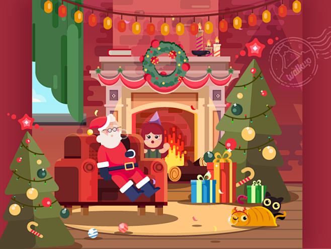 去年圣诞节壁炉猫红色例证圣诞节