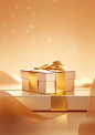 a golden gift box on a table with a shiny background, in the style of rich tonal palette, dada-inspired constructions, minimalist purity, velvia, 32k uhd, rich and immersive, blocky