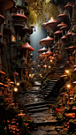 A fly agaric village in a canyon cave, hyperrealistic, detailed, intricate details, HDR, 16K, UHD,