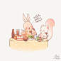 女汉子与淑女
joojee：“你怎么只吃菜啊？”（泰语无力，我是瞎编的） 
泰国人气美女画师Mindmelody 创作的系列动物插画《joojee & friends》中的小貂Darling和胖兔子joojee。