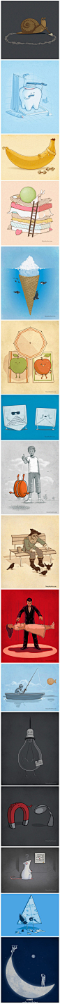 堆糖网：#堆糖插画集#出自西班牙插画师Nacho Diaz之手的一组幽默插画，简单古怪又有深意。自我清洁的牙齿、正在艰难地做仰卧起坐的香蕉，企图自杀的电灯泡……生活中的每一件小物品都是他的灵感所在。来自糖友@庞克 的收集 >>> http://t.cn/zOXH4eE