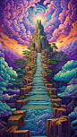 a drawing of a staircase leading up to the upper stage, in the style of vibrant fantasy landscapes, detailed skies, zen buddhism influence, richly colored skies, precisionism influence, earthcore, mystical terrains