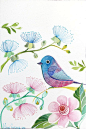 Purple Flowers/ Pink Bird Art / Nursery wall Art/ Room Decor / Original Watercolor / Modern / Simple via Etsy