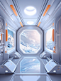 Scene of futuristic space travel and spaceship cabin, empty floor, clean and tidy, huge space, silver and sky gray, few orange rays, hyper realism, realistic and super detailed rendering, OC, blender renderer, C4D, ray tracing , super wide-angle lens,