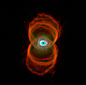 距离地球8000光年，位于南天苍蝇座的“沙漏星云”(Engraved Hourglass Nebula)MyCn18。
有人称它为“上帝之眼”。
科学家称其中心的恒星内核正在逐渐冷却，慢慢变成一颗白矮星。随着核燃料消耗殆尽，MyCn18的最外层开始向外喷射，这是它短暂而又壮观的生命终结阶段。
喷气推进实验室的科学家拉夫温德拉-萨哈伊和约翰-特伦格尔1996年1月利用哈勃望远镜拍摄到这张令人叹为观止的图片。