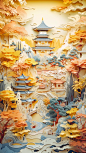 Multi-dimensional paper kirigami craft, paper illustration, Chinese illustration on white background,Oriental landscape painting, above super wide angle,Thomas Kinkade,dreamy,4K,romantic,trending on Artstation, colorful vanilla oil, 3d relief --ar 9:16  -