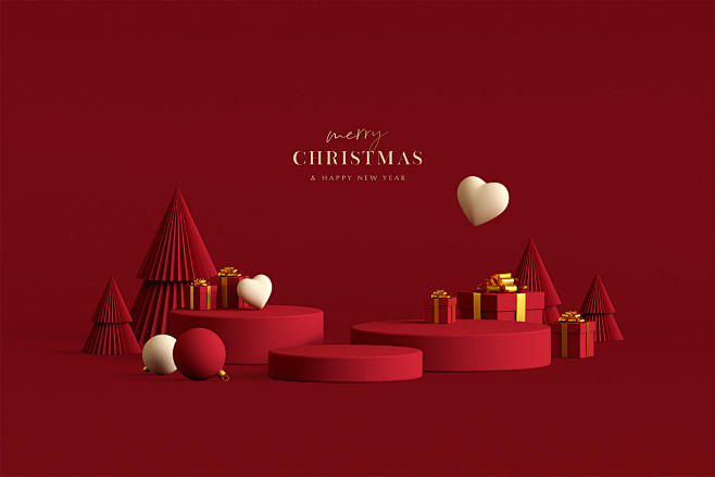 红色圣诞节圣诞球礼盒圣诞树海报合成背景素...
