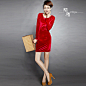 2013秋装新款女装韩版修身长袖红色金丝绒绣花朵包臀显瘦连衣裙冬