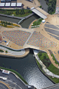 Aerial photo of Olmypic Park footbridge : Aerial photo of the footbridge linking the Aquatics Centre and Olympic Stadium in the centre of the Olympic Park, July 2012