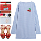 A fashion look from May 2017 featuring blue gingham dress, wooden sandals and red brooch. Browse and shop related looks.