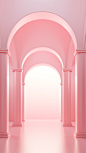 A large arch, light pink, clean, warm, soft lighting, animated light, rich in details, POPMART, close-up, C4D, 3D, OC rendering