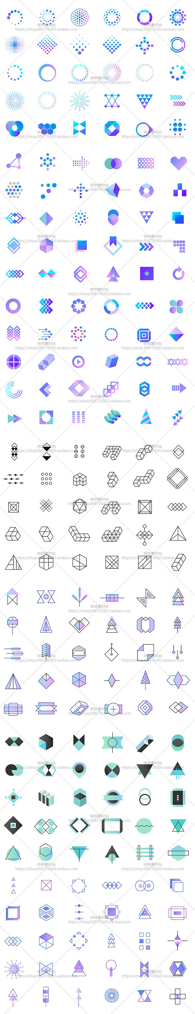 350个几何图形元素扁平化网络数据彩色渐...