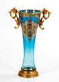 玻璃花瓶 法式家居饰品摆件奢华纯铜喇叭花插深天蓝