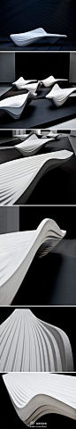 //德国室内设计: #DINZ家具# 扎哈哈迪德事务所与意大利Lab 23工作室合作，为米兰设计周设计了一套城市座椅，流线型的外观模拟冰的形状，蜿蜒层如同地幔，仿佛回望冰川时代的裂隙。@北坤人素材