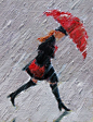 "Walk On" - red umbrella rain painting | Gina Brown Art