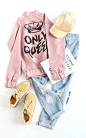 Pink Raglan Sleeve Letters Print Jacket with ripped blue denim and cozy sneakers from <a href="http://romwe.com" rel="nofollow" target="_blank">romwe.com</a>