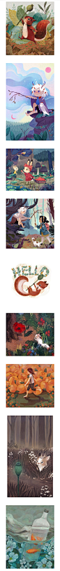 美国Olivia Chin Mueller儿童书籍插画-森林丛林树林植物花卉动物松鼠猫头鹰兔子老鼠青蛙小鸟狗兔子金鱼鱼