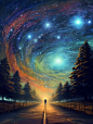 a tree falls on a person on the road leading up to the stars in a sky, in the style of technicolor dreamscape, nightcore, the stars art group (xing xing), dark cyan and brown, realistic landscapes