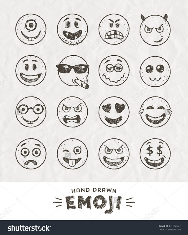 手绘的表情符号。向量组Emoji。微笑的...
