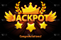头奖金赌场乐透标签与流星在黑色的背景。赌场头奖得主的奖品是金色的文字和翅膀。对象在单独的层上。