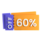 60 Percent Discount Coupon 3D Icon