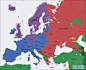 欧洲宗教分布地图。蓝色为天主教，紫色为新教、红色为东正教，深绿色为伊斯兰教什叶派，浅绿色为伊斯兰教逊尼派，黄色为犹太教。值得注意的是在里海西岸有一个橙色区域，那里是卡尔梅克共和国（属俄罗斯联邦），当地居民信奉藏传佛教，是一部分留在俄罗斯境内的蒙古人的后裔。