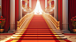 Red carpet and ceremonial staircase with golden columns, Bright color, ultra realistic