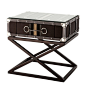 This striking Side Table is finished in charcoal fabric. With feature equestrienne style handles and matching chrome studs set this unit apart, contrasted beautifully with the bold taupe stripe. The unit encorporates a durable glass top, and architectural